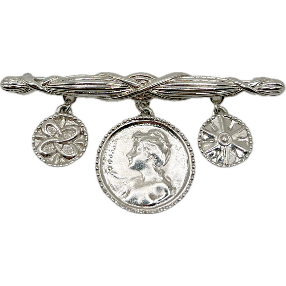 Unique Signed TRIFARI Victorian Style 3 Coin Bar Brooch Pin Costume Jewelry - Picture 1 of 8